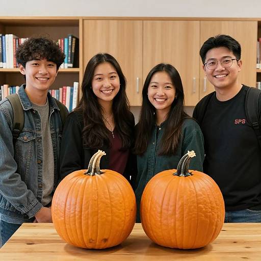 Photograph of four smiling Asian teenagers, two girls and two boys, standing behind two large pumpkins on a wooden table in a library.