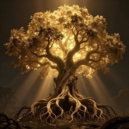 Photograph-like CGI of a glowing, ethereal tree with golden leaves and sprawling roots, illuminated by radiant light beams against a dark background.