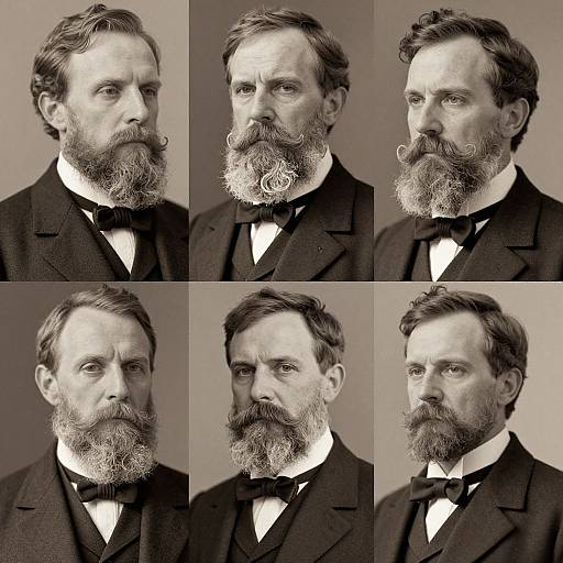 Black-and-white photograph collage of six headshots of a bearded white man in a formal suit, bow tie, and mustache, viewed from different