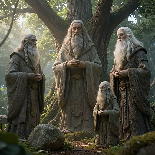 Photograph-style CGI: Three elderly, bearded men in medieval robes stand in a forest, with a smaller bearded figure kneeling before them, under
