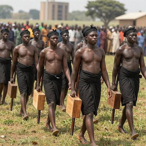 African Soldiers Marching Through Grassland