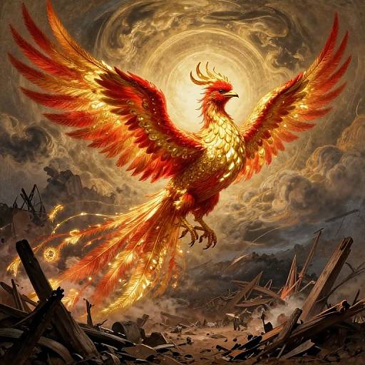 Phoenix Rising Over Battle-Scarred Terrain