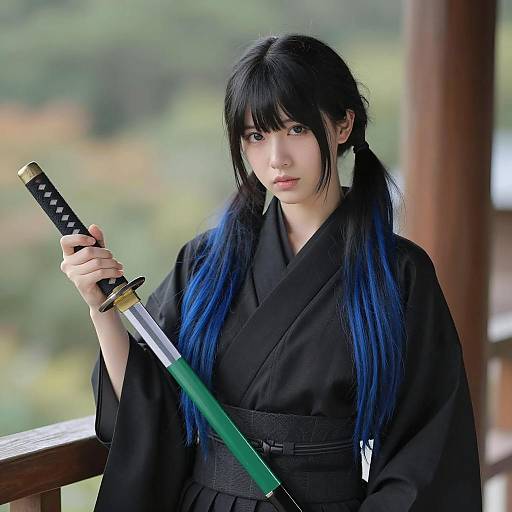 Asian Woman in Kimono with Katana