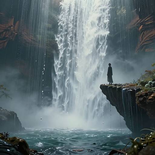Digital fantasy artwork of a lone figure in a long coat standing on a cliff, gazing at a towering, illuminated waterfall cascading into a misty