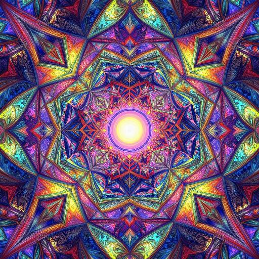 Vibrant digital artwork featuring a bright, glowing center surrounded by intricate, multicolored, starburst patterns with radiant hues of purple, yellow,