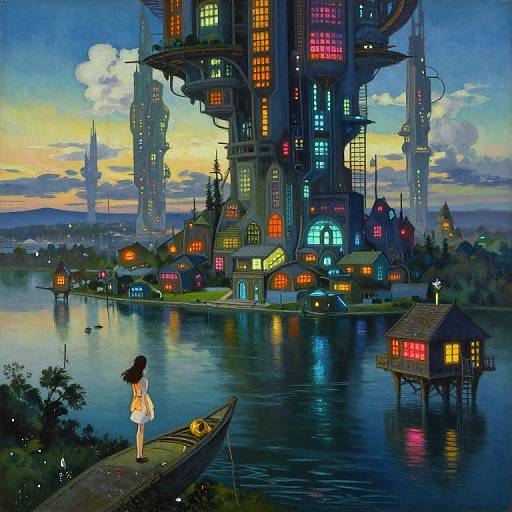 Anime-style painting: A girl in a white dress stands on a wooden dock, gazing at a glowing, futuristic cityscape with colorful lights reflected in