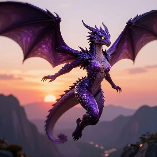 Digital art of a purple, winged dragon with sharp scales and yellow eyes, soaring against a sunset sky over mountains.