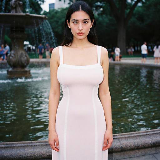 Photograph of an Asian woman with long black hair, wearing a white sleeveless dress, standing in front of a fountain in a park with blurred people