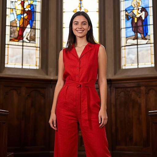 Joyful Woman in Red Jumpsuit Chapel
