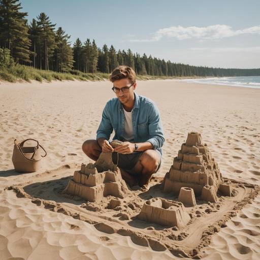 Young Man Building Sandcastle at Beach