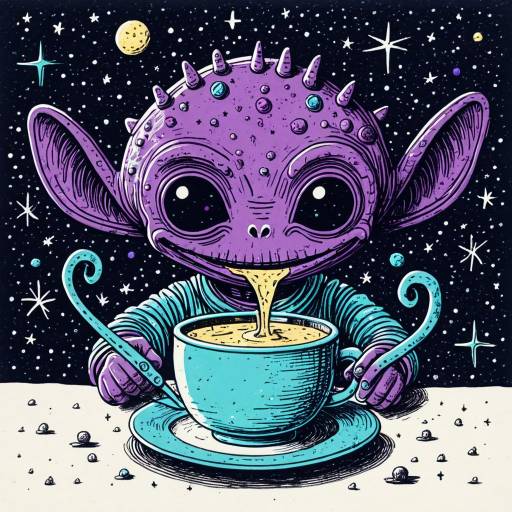 Friendly Purple Alien Drinking Fondue in Outer Space
