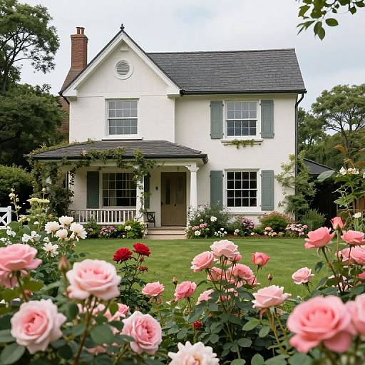 Photograph of a charming two-story white house with gray shutters, surrounded by a lush garden with pink and red roses.