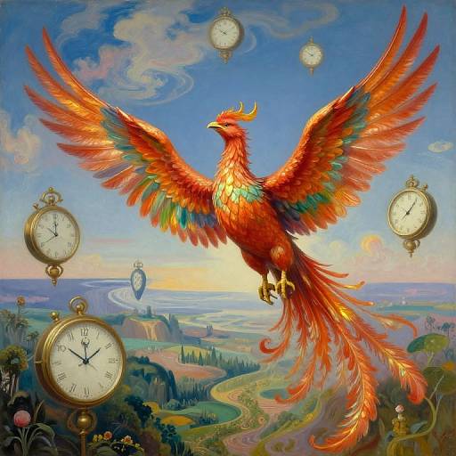 Vibrant digital painting of a fiery, multicolored phoenix with outstretched wings, surrounded by floating vintage clocks, over a surreal landscape.