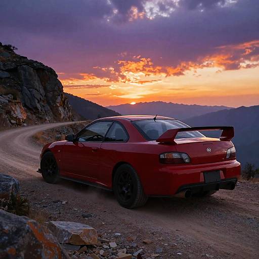 Red Car on Rugged Mountain Road