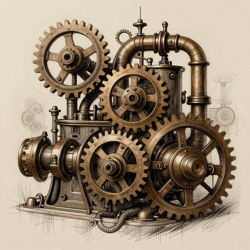 Detailed digital illustration of intricate, vintage-style mechanical gears and copper pipes, showcasing interlocking cogwheels and complex plumbing, rendered in rich brown and black