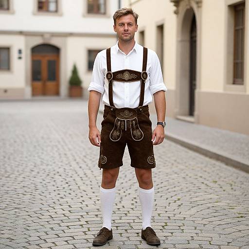 Photograph of a young Caucasian man with short brown hair, wearing a white shirt, black leather suspenders, brown knee-length shorts, white socks,