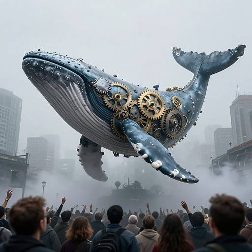 Photograph of a massive, blue whale-shaped mechanical sculpture with gears, flying above a foggy city street, surrounded by cheering crowd.