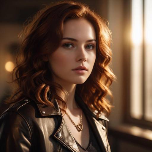 Young Woman with Red Hair in Leather Jacket