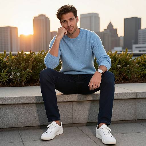 Photograph of a handsome man with light brown hair, blue sweater, black pants, and white sneakers, sitting on a stone bench at sunset in an