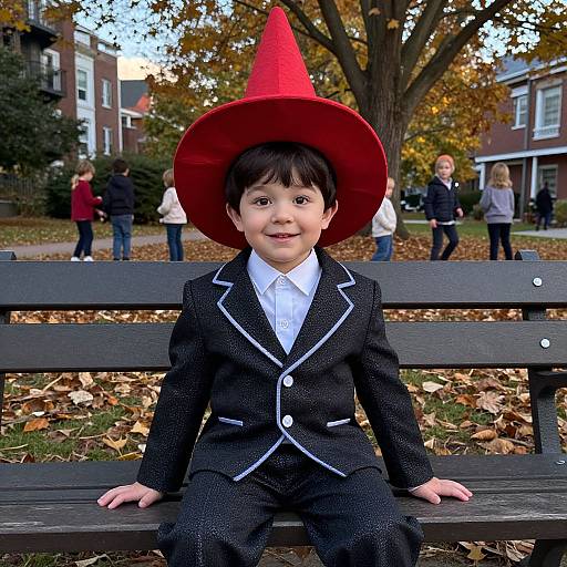 Photograph of a young boy with fair skin and dark hair, wearing a black suit, white shirt, and large red hat, sitting on a black