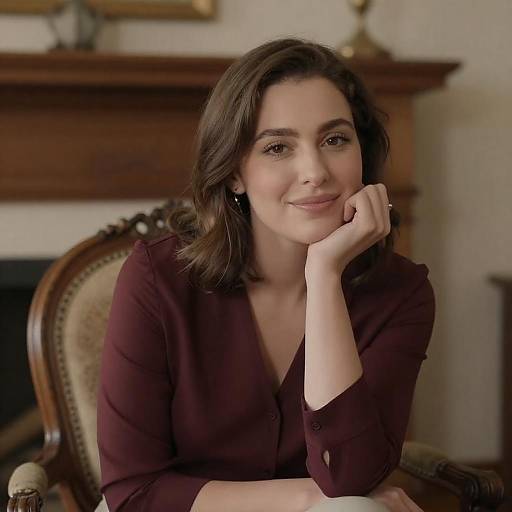 Smiling Woman in Maroon Blouse Sitting in Vintage Chair