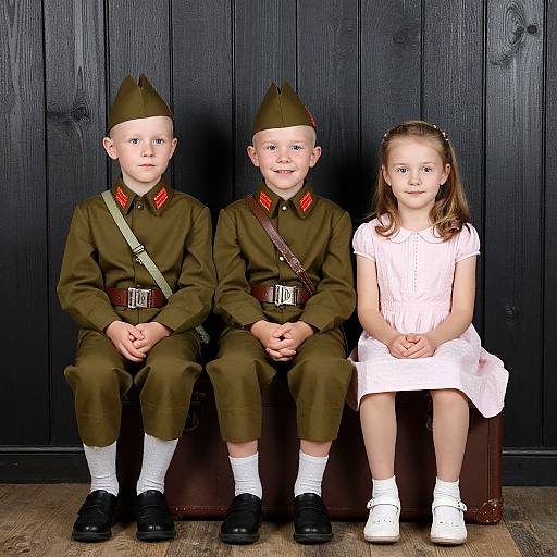 Photograph of two young boys in brown military-style uniforms with caps, and a girl in a white dress, sitting against a black wooden backdrop.