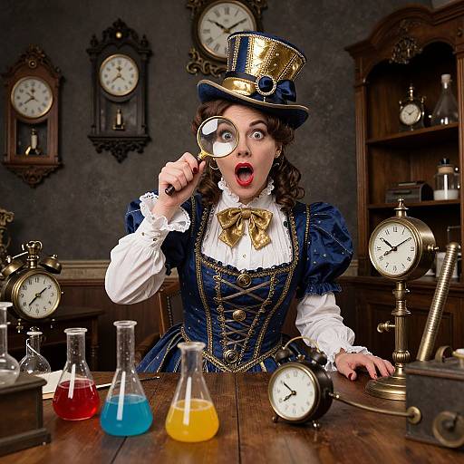 Steampunk woman in blue dress and top hat uses magnifying glass on colorful beakers, surrounded by antique clocks in wooden study.