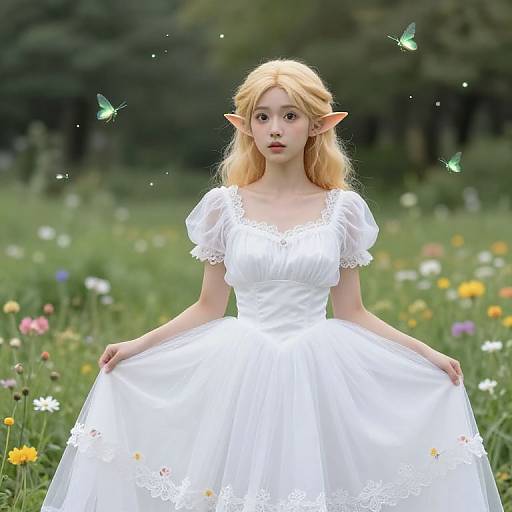 Digital artwork of a blonde elf woman with pointed ears, wearing a white lace dress, standing in a colorful meadow with green butterflies, surrounded by wild