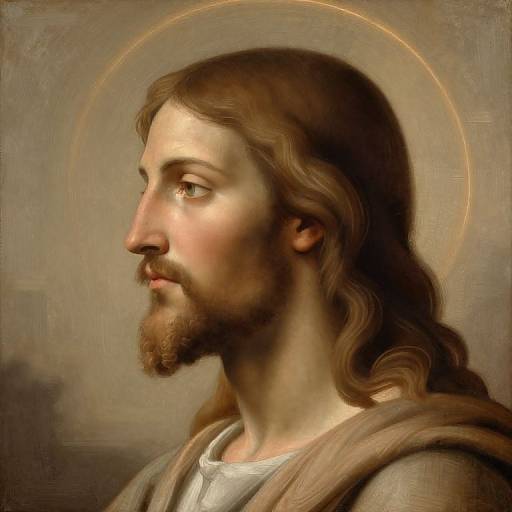 Portrait of Jesus Christ, classical painting style, side profile, long brown hair, beard, halo, soft brown and beige tones, serene expression.