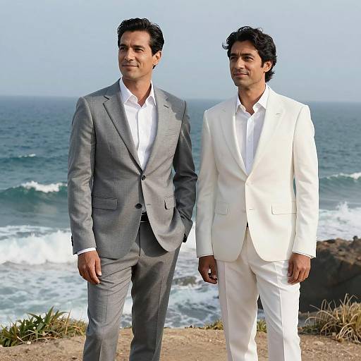 Smiling Men on Coastal Cliff in Suits