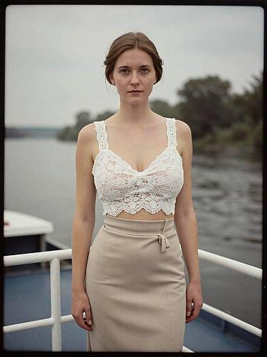 Photograph of a fair-skinned woman with brown hair, wearing a white lace crop top and beige skirt, standing on a boat deck with a blurred