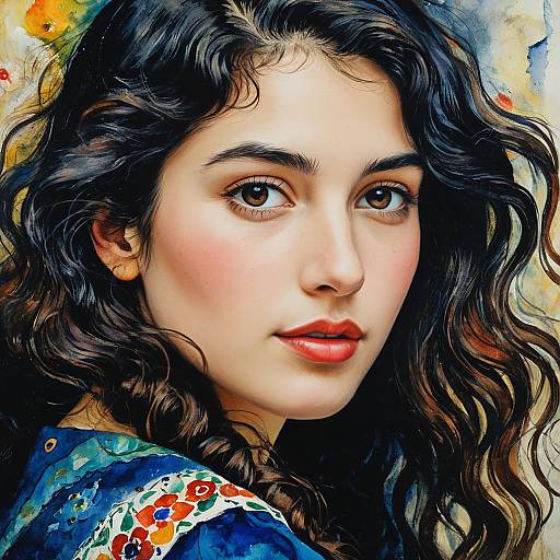 Portrait of Beautiful Ashkenazi Jewish Girl in Vibrant Watercolor