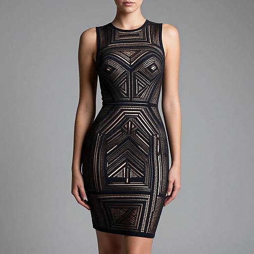 Photograph of a slender woman with light skin wearing a sleeveless, black, geometric-patterned dress with transparent sections, standing against a plain gray background