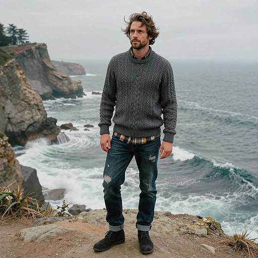Photograph of a bearded, curly-haired man in a gray knit sweater, ripped jeans, and black boots standing on a rocky cliff overlooking a storm