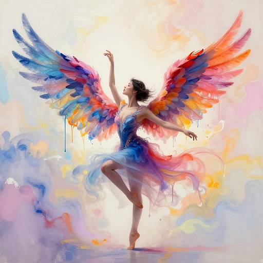 Digital painting of a ballerina with vibrant, multicolored feather wings, dancing gracefully against a swirling, pastel background. Her dress blends blue