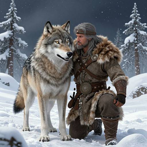 Digital artwork: Muscular man with grey beard, fur coat, and headgear kneels beside a large, majestic wolf in snowy forest.