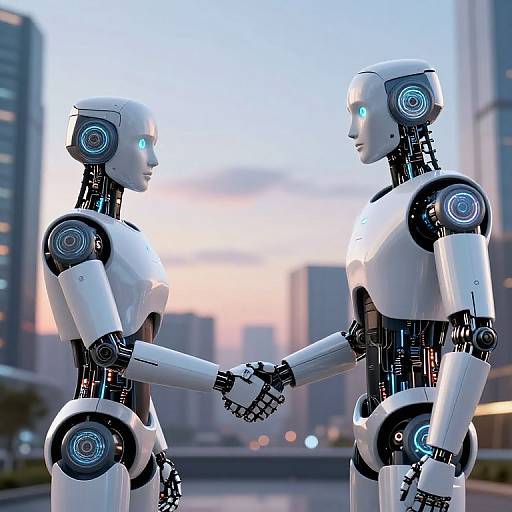 Photograph of two futuristic white humanoid robots with blue glowing eyes, standing in an urban setting, holding hands, facing each other.