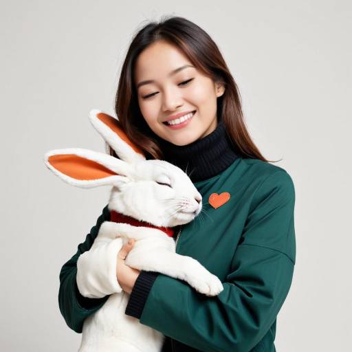 Young woman holding giant white rabbit