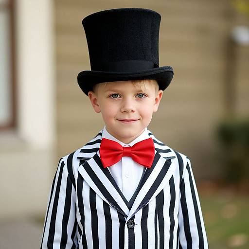 Photograph of a young boy with fair skin, blue eyes, and short brown hair, wearing a black top hat, red bow tie, and black