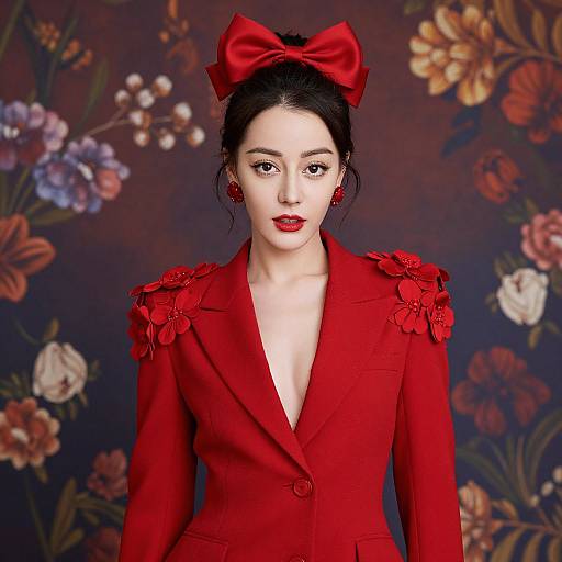 Digital artwork of an Asian woman with pale skin, red bow in hair, red floral jacket, red earrings, against a floral background.