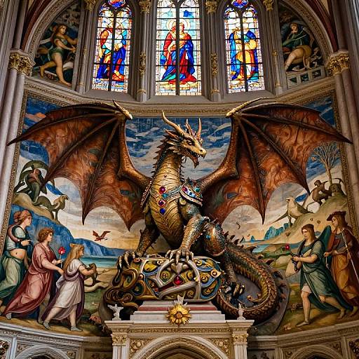 Photograph of a detailed, colorful stained-glass church altar featuring a majestic, armored dragon with large wings, surrounded by biblical figures and intricate frescoes