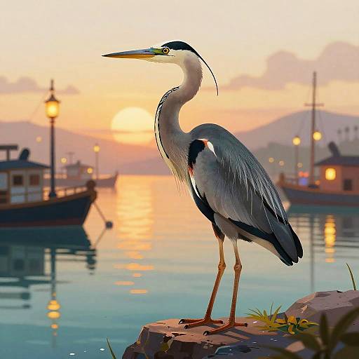 Graceful Heron at Lantern-Lit Harbor Dawn