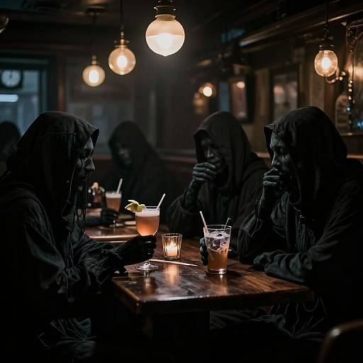 Photograph of four hooded figures in a dimly lit bar, sipping drinks under glowing spherical lights, creating a mysterious, moody atmosphere.