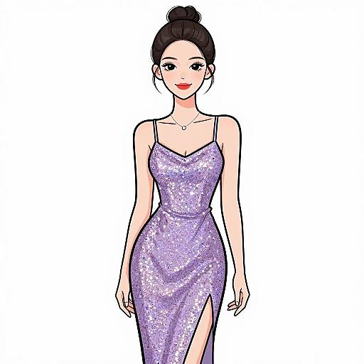 Digital illustration of a confident woman with fair skin, black hair in a bun, wearing a sparkling lavender, form-fitting dress with a thigh-high slit