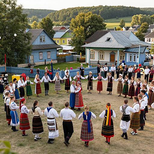 Photograph of a traditional folk dance in a rural village, featuring villagers in colorful, patterned dresses and white shirts, surrounded by blue and yellow wooden