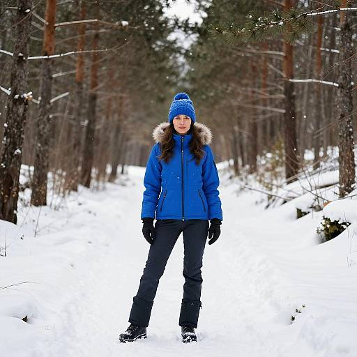 Photograph of a smiling woman in a blue winter jacket with fur collar, black pants, and blue knit hat standing in a snowy forest path.