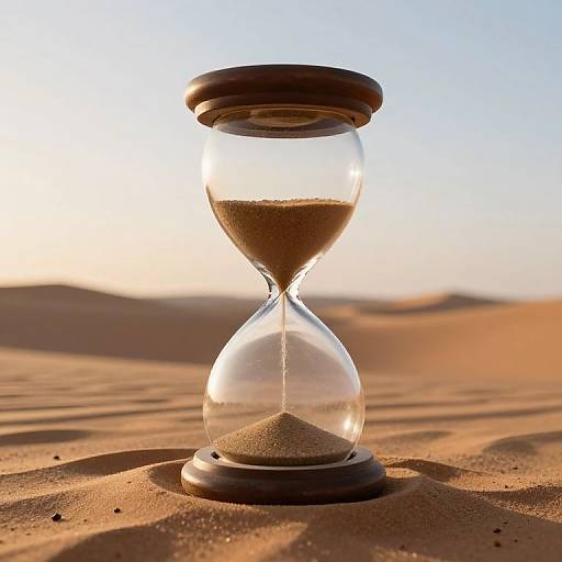 Photograph of a wooden hourglass with sand, standing on a sunlit desert sand dune, casting shadows at sunset.