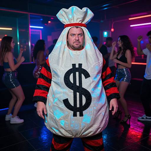 Photograph of a bearded man in a white sack costume with a dollar sign, red and black striped sleeves, in a neon-lit nightclub,