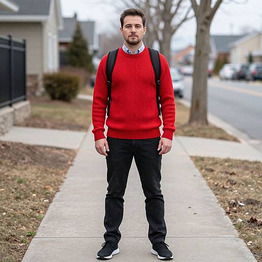 Photograph of a young man with short dark hair, beard, wearing a red sweater, black pants, and backpack, standing on a suburban sidewalk.