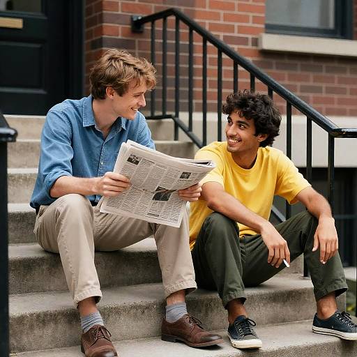 Two Men Sitting on Steps Chatting